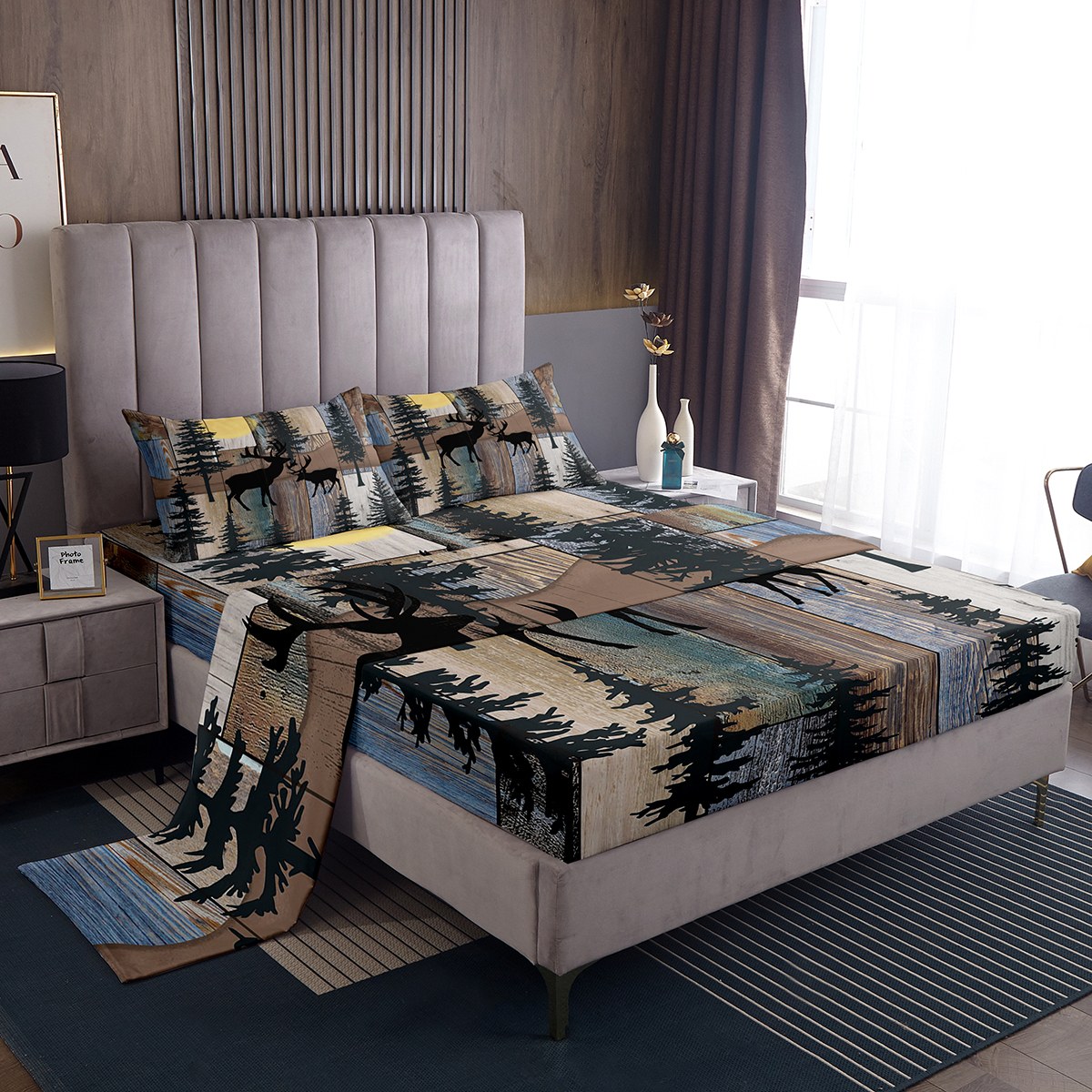 Elk Deer Bed Sheets Set Lodge Cabin Backdrop King Sheet Set for Girls,Christmas Reindeer Pine