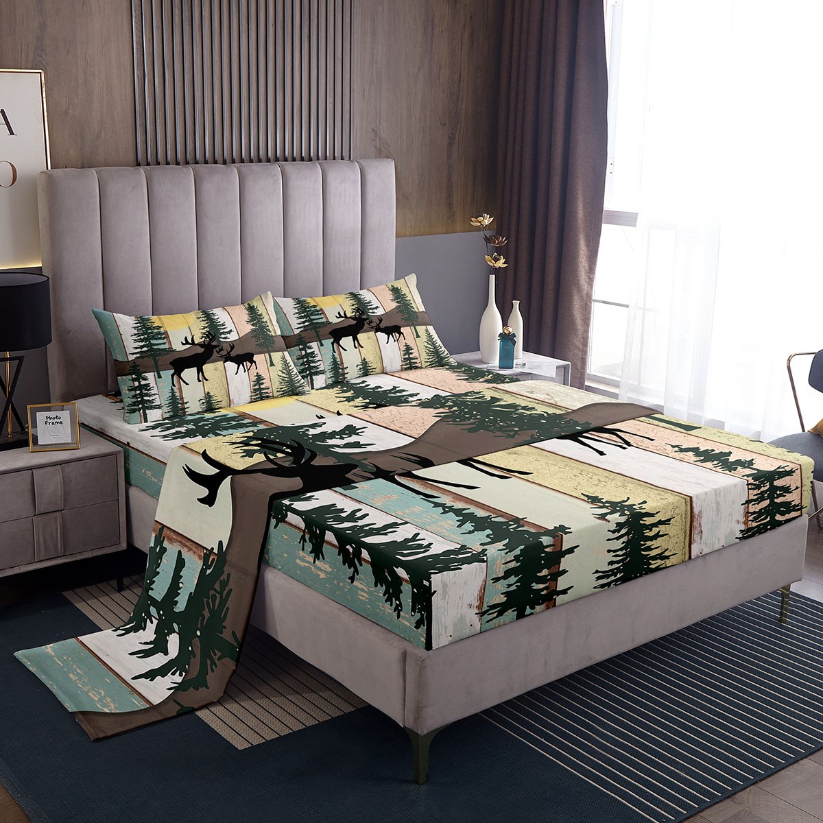 Elk Deer Bed Sheets Set Lodge Cabin Backdrop King Sheet Set for Girls,Christmas Reindeer Pine