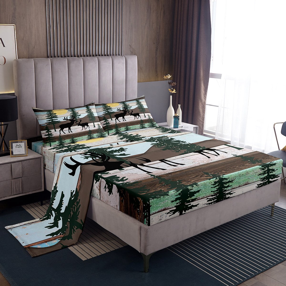 Elk Deer Bed Sheets Set Lodge Cabin Backdrop Queen Sheet Set for Girls