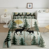 Elk Deer Bedding Set Farmhouse Cottage Lodge Twin Comforter Set ,Christmas Reindeer Pine Trees Quilt Woodland Wildlife Moose Duvet Insert,Rustic Home Decor,Green