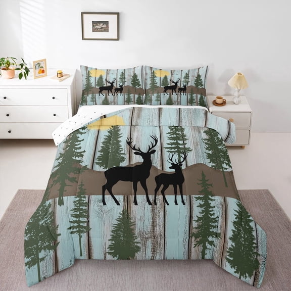Elk Deer Bedding Set Farmhouse Cottage Lodge Twin Comforter Set ,Christmas Reindeer Pine Trees Quilt Woodland Wildlife Moose Duvet Insert,Rustic Home Decor,Green