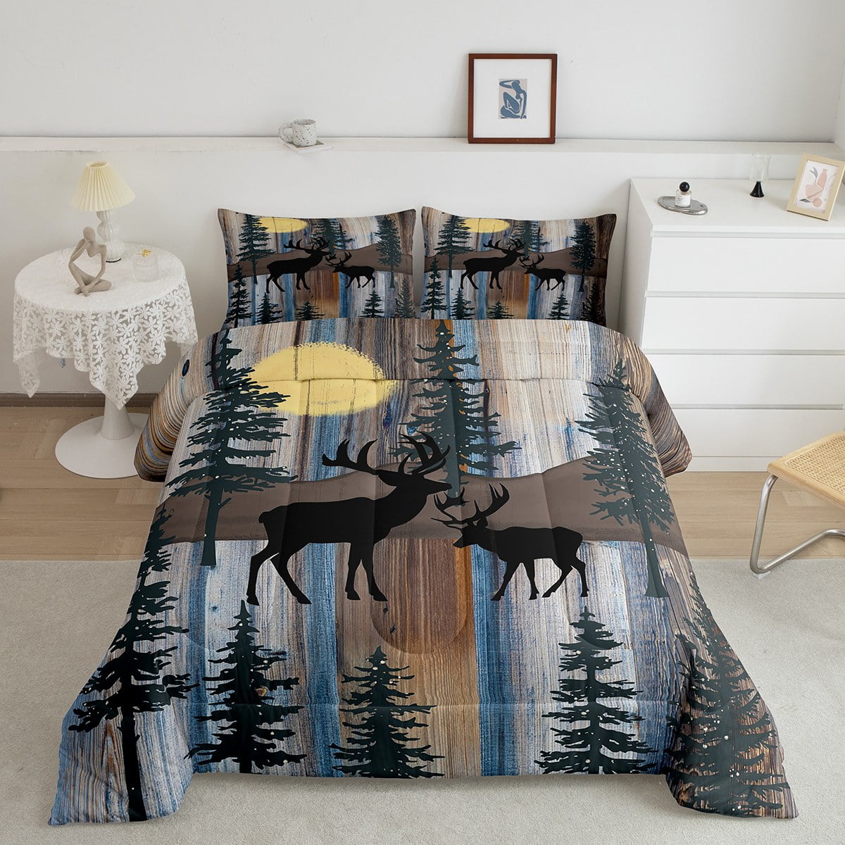 Elk Deer Bedding Set Lodge Cabin Backdrop Full Comforter Set for Girls,Christmas Reindeer Pine