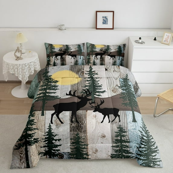 Elk Deer Bedding Set Lodge Cabin Backdrop Twin Comforter Set for Girls,Christmas Reindeer Pine Trees Quilt Woodland Wildlife Moose Duvet Insert,Rustic Home Decor,Grey Brown