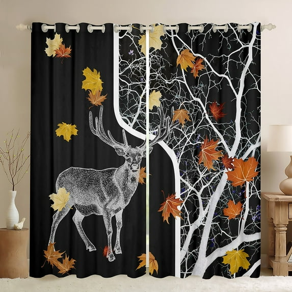 Elk Deer 30%-50% Blackout Curtains 2 Panels 38"Wx54"L Reindeer Moose Curtains & Drapes,Woodland Maple Leaf Window Curtains Country Rural Deer Hunting VintageTree Branch Rustic Home Decor