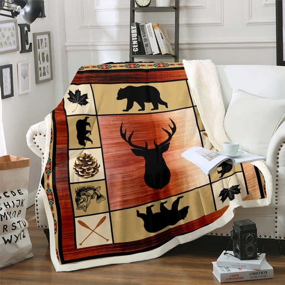 Elk Deer Blanket 40"x50" Woodland Bear Throw Blanket,Pike Fish Boat Blade Fleece Blanket Geometry Arrow Aztec Patchwork Blanket,Reindeer Rustic Home Decor Vintage Red Brown