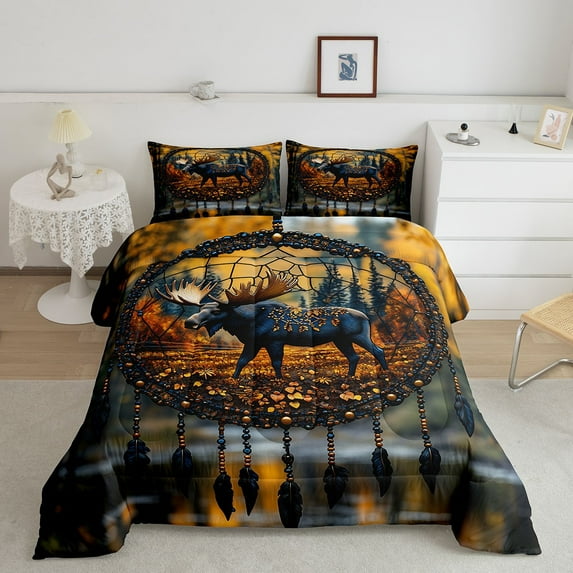Elk Deer Comforter Set Dream Catchers Bedding Sets s,Boho Feather Quilt Bed Set Woodland Animals Duvet Insert,Exotic Bohemian Decor