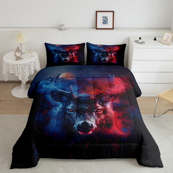 Elk Deer Comforter Set Red Blue Fog Reindeer Twin Bedding Sets ,Goth Woodland Animals Quilt Exotic Wildlife Duvet Insert,Boho Bedroom Decor