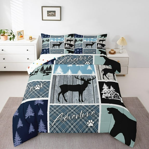 Elk Deer Comforter Set Rustic Lodge Cabin Bedding Sets,Woodland Animals Bear Moose Quilt Farmhouse Reindeer Pine Trees Duvet Insert Country Room Decor