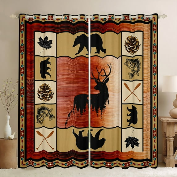 Elk Deer Curtains & Drapes Wild Bear Curtains,Pike Fish Lake Paddle Blackout Curtains Geometry Tribe Arrow Aztec Woodland Reindeer Rustic Home Decor,Retro Red Brown