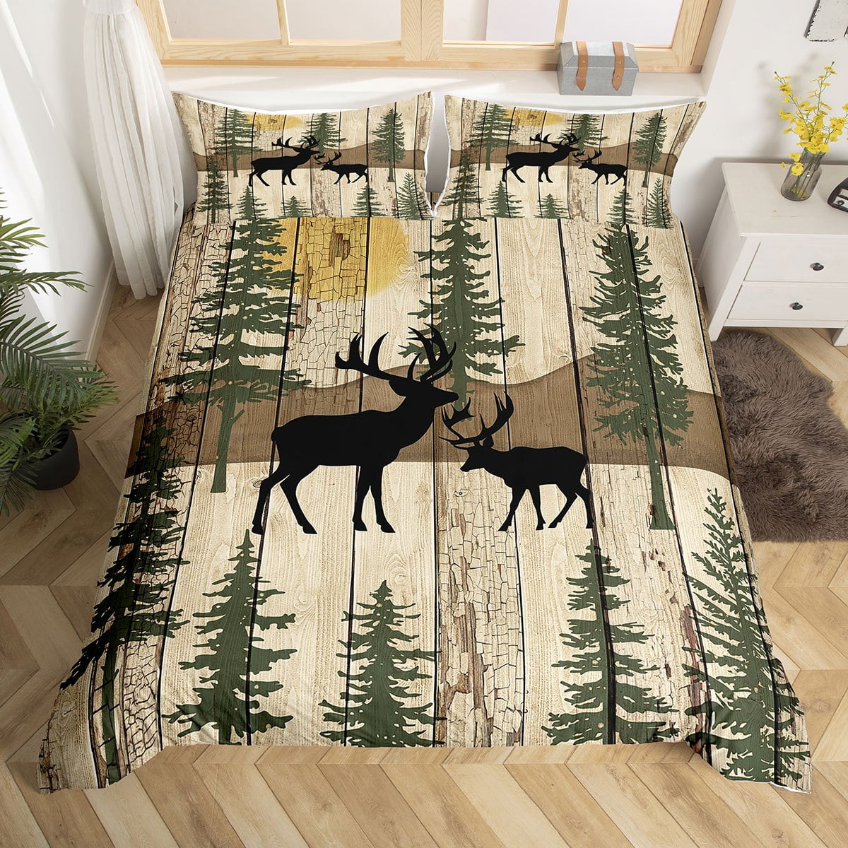 Elk Deer Duvet Cover Farmhouse Cottage Lodge Full Bedding Sets for Boys,Christmas Reindeer Pine