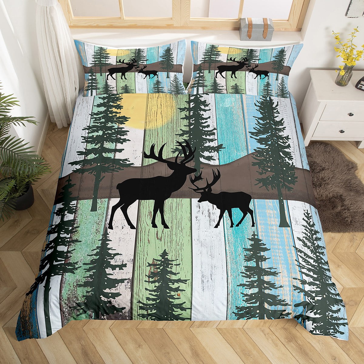 Elk Deer Duvet Cover Lodge Cabin Backdrop Queen Bedding Sets for Girls,Christmas Reindeer Pine