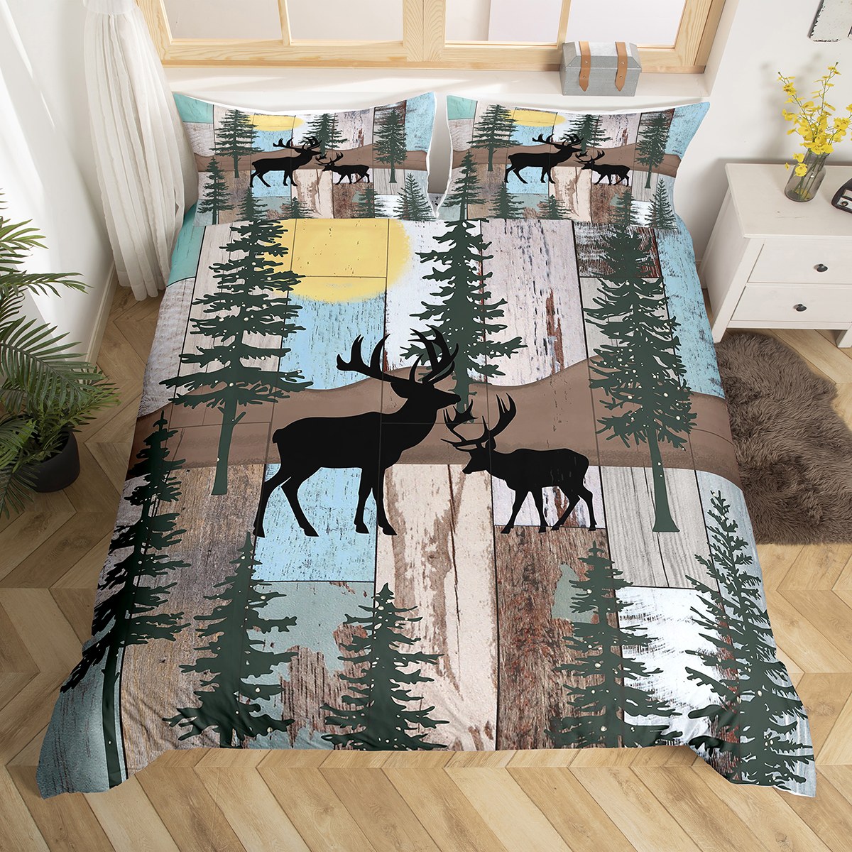 Elk Deer Duvet Cover Lodge Cabin Backdrop Twin Bedding Sets for Girls,Christmas Reindeer Pine