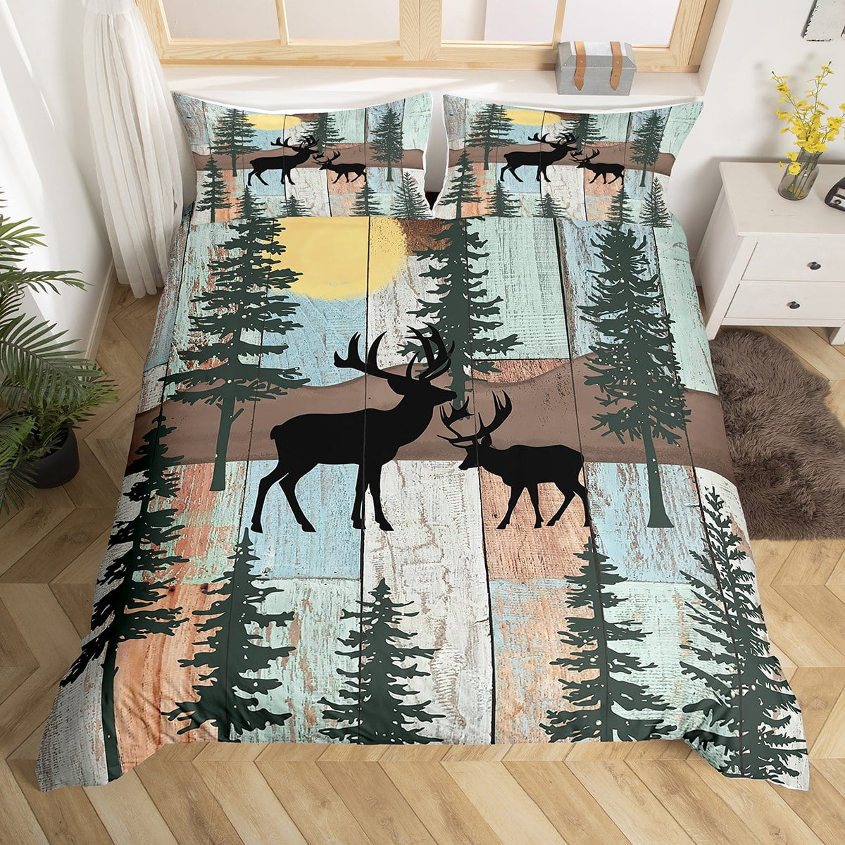 Elk Deer Duvet Cover Lodge Cabin Backdrop Twin Bedding Sets for Girls