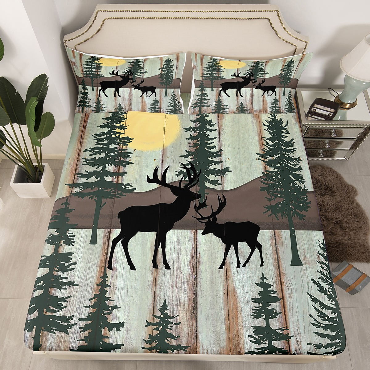 Elk Deer Fitted Sheet Lodge Cabin Backdrop Twin Bed Sheets for Girls,Christmas Reindeer Pine