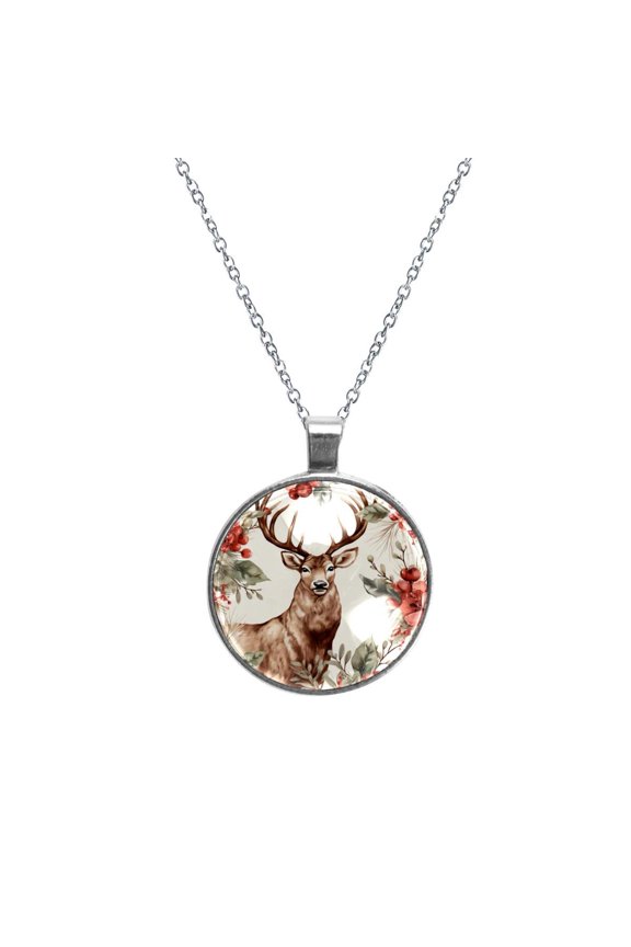 Elk Deer Glass Circular Pendant Necklace - Elegant Jewelry for Women