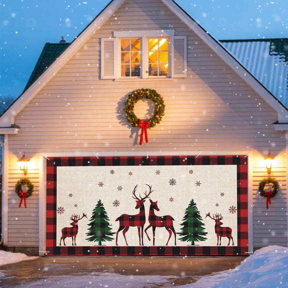 Elk Deer Holly Tree Christmas Garage Door Decorations, 6x13ft Garage Door Cover Banner with Grommets, Outdoor Garage Door Backdrop Mural for Holiday Party Wall Decor, Reindeer Xmas Buffalo Plaid