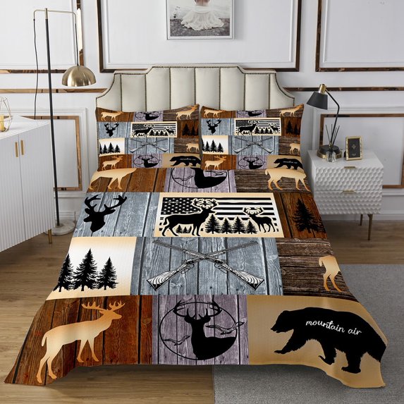 Elk Deer Hunting Quilt Set Rustic Reindeer Moose Bedspread Set King,Woodland Animals Coverlet Set Wildlife Bear Quilted Vintage Farmhouse Rustic Home Decor