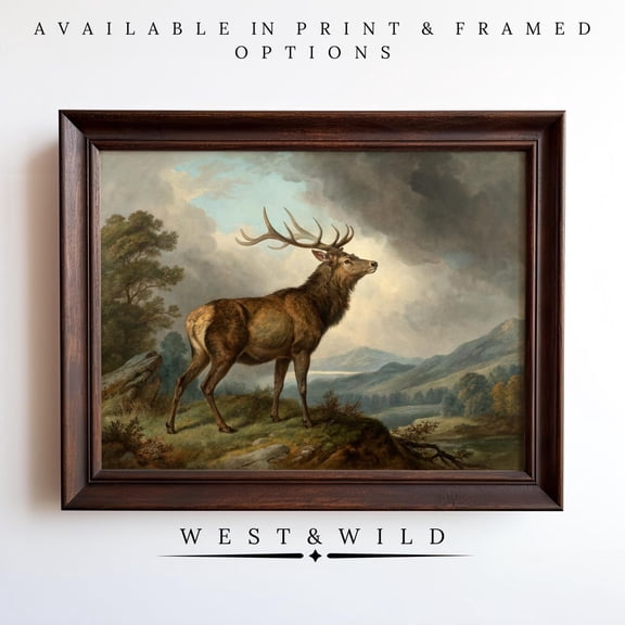 Elk Deer In Landscape Wall Art Rich Stag Art Of Gallery Illustration For Cottage Hunting, Unframed Paper Print