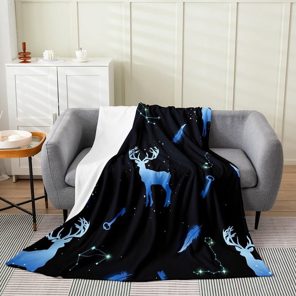 Elk & Deer Magic Xmas - 30x40 Inch, Starry Stars Fuzzy Blanket for men & Men, Winter Modern Tribal Feather Key Blue Black Gold Bed Blanket