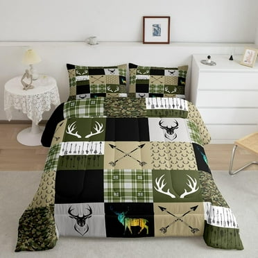 Elk Deer Queen Comforter Set, Army Green Camo Bedding, Patchwork Buffalo Checkered Abstract Bedding Comforter Sets, Ethnic Tribal Arrow Quilt Western Farmhouse Decor Men