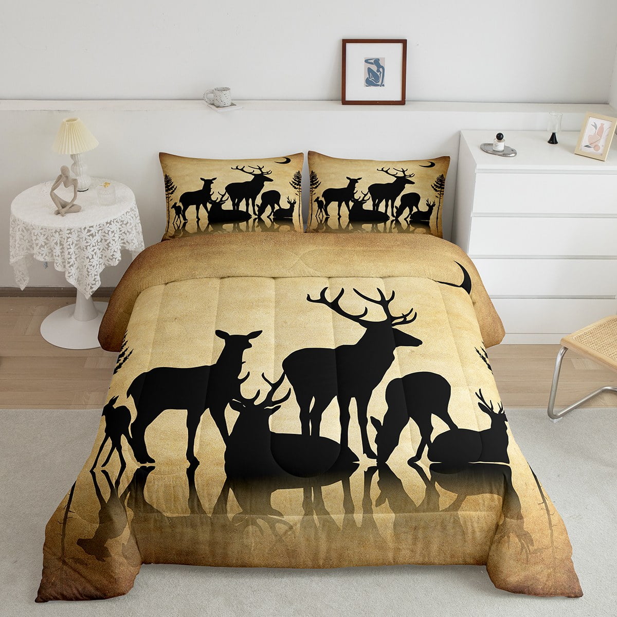 Elk Deer Queen Comforter Set Wildlife Moose Bedding Set,Grunge Vintage