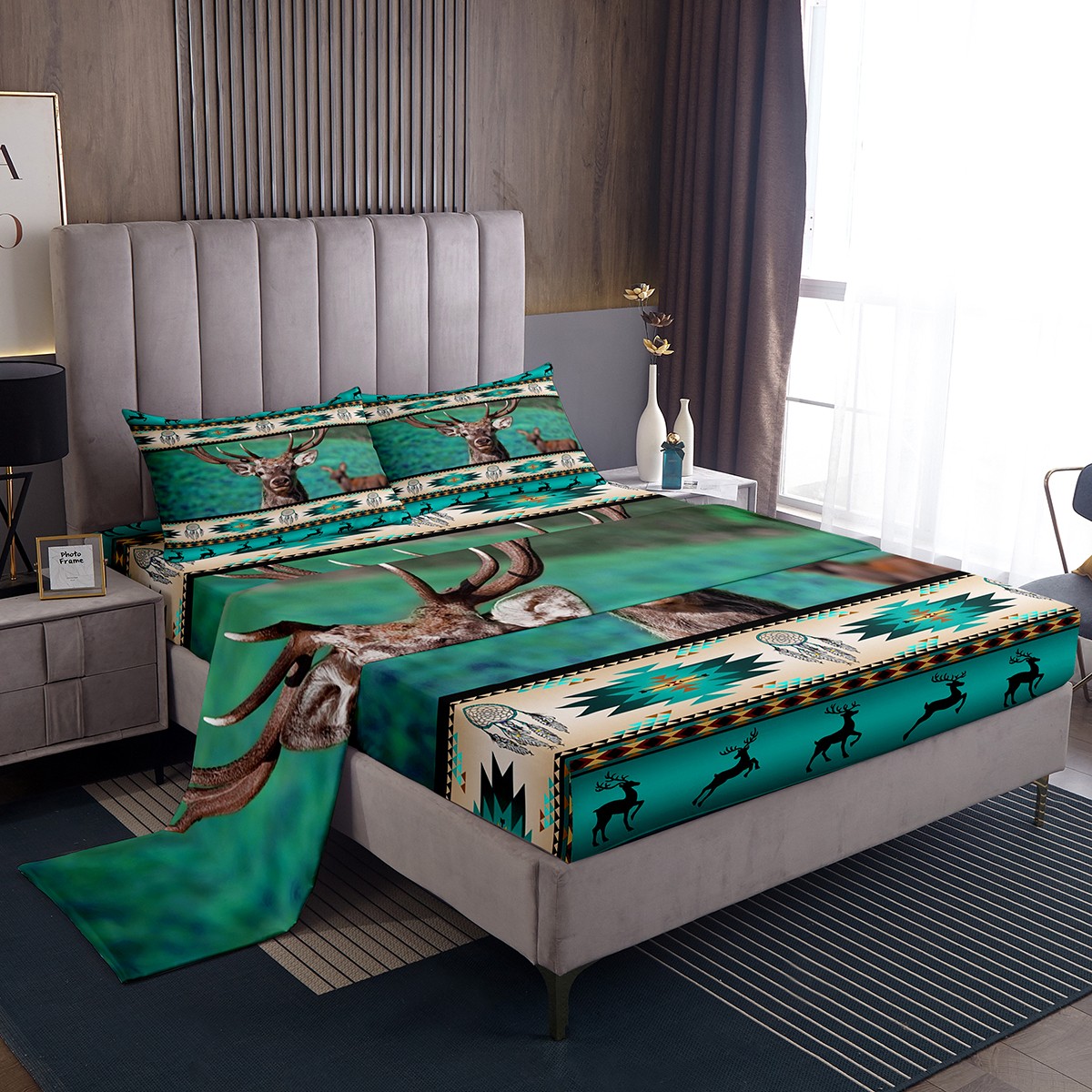 Elk Deer Sheet Set Tribe Arrow Aztec Flat Fitted Sheet,African Tribal