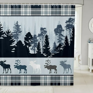 Cabin Shower Curtain Maple Leaf Fishing Moose Deer Bear Country Rustic Shower  Curtains Waterproof Bath Curtain,72x72 inch 