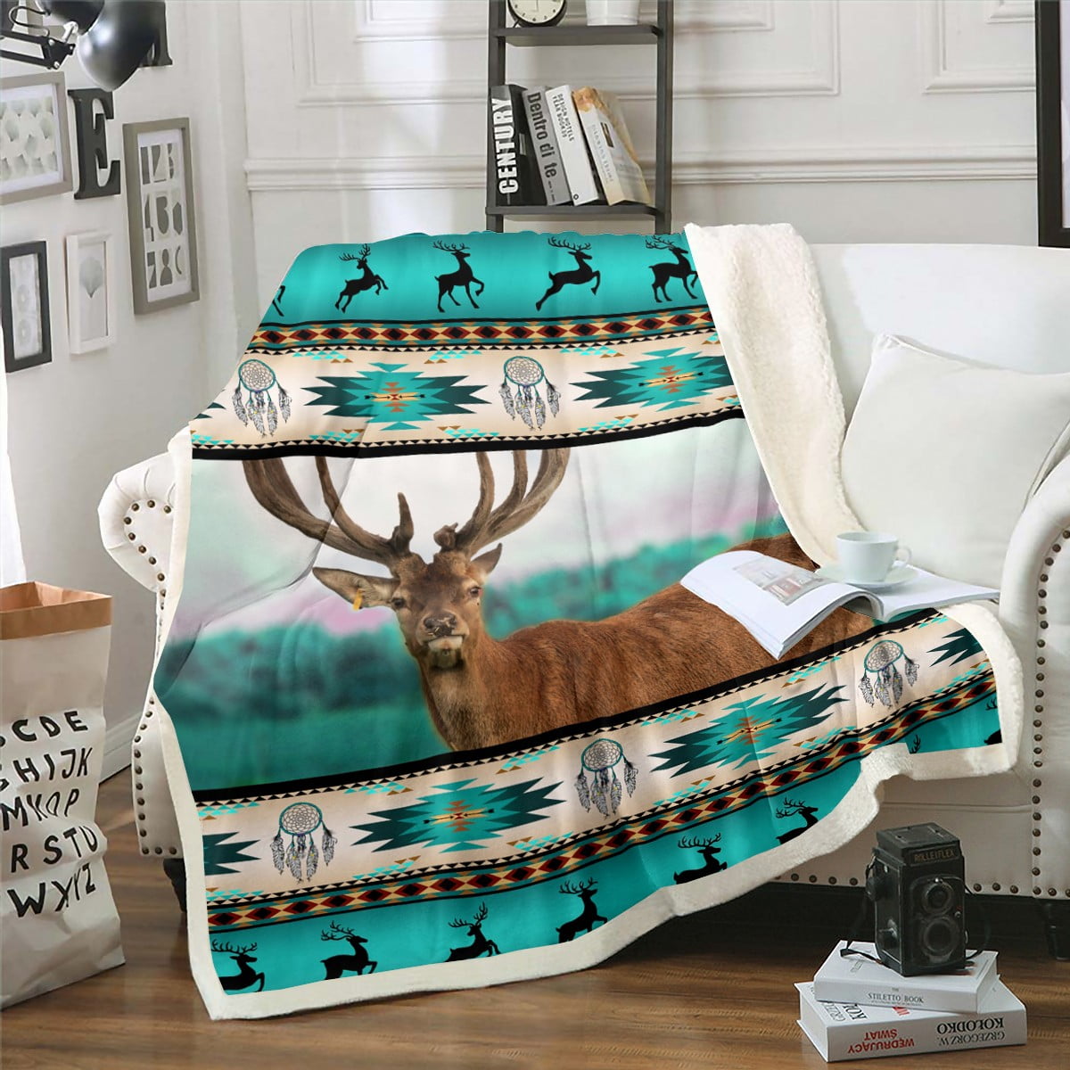 Elk Deer Throw Blanket Arrow Aztec Fleece Blanket,African Tribal Dream Catchers Blanket 40"x50