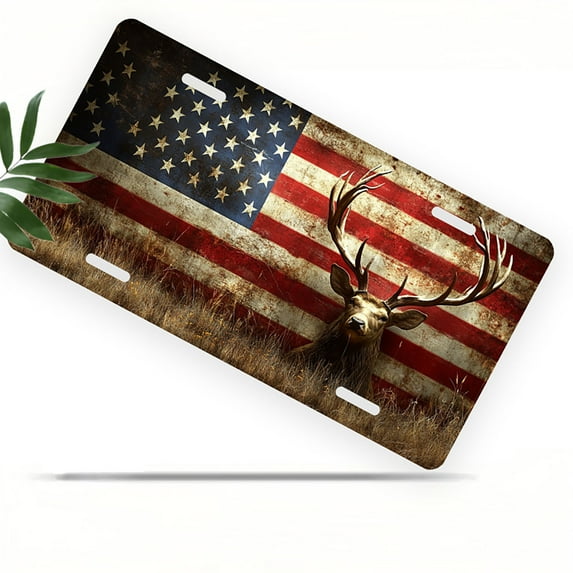 Elk in Front of American Flag Front License Plate, Metal License Plate, Funny Standard Plates Personalized Novelty Decorative For Men/Women/Boys/Girls Car 6×12 Inch