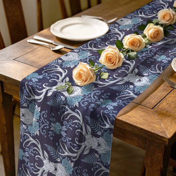 Elk Head 10 ft Cheesecloth Table Runner for Wedding 27"x120", Animals Classical Floral Pattern Navy Blue Background Kitchen Dinner Sheer Tulle Chiffon Dresser Scarf, Holiday Party Decorations