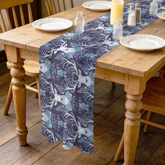 Elk Head 10ft Cheesecloth Table Runner for Wedding 27"x120", Animals Classical Floral Pattern Navy Blue Background Kitchen Dinner Sheer Tulle Chiffon Dresser Scarf, Holiday Party Decorations