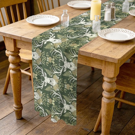 Elk Head 10ft Cheesecloth Table Runner for Wedding 27"x120", Animals Classical Floral Pattern Olive Green Background Kitchen Dinner Sheer Tulle Chiffon Dresser Scarf, Holiday Party Decorations