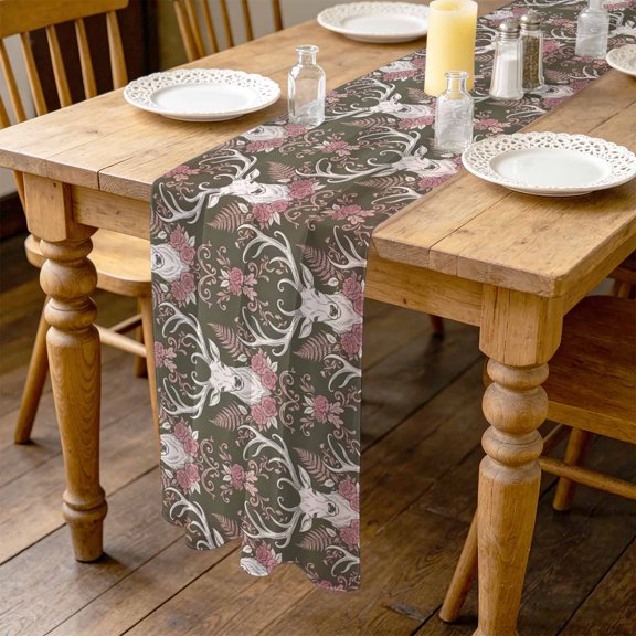 Elk Head 10ft Cheesecloth Table Runner for Wedding 27"x120", Animals Classical Pink Floral Pattern Brown Background Kitchen Dinner Sheer Tulle Chiffon Dresser Scarf, Holiday Party Decorations