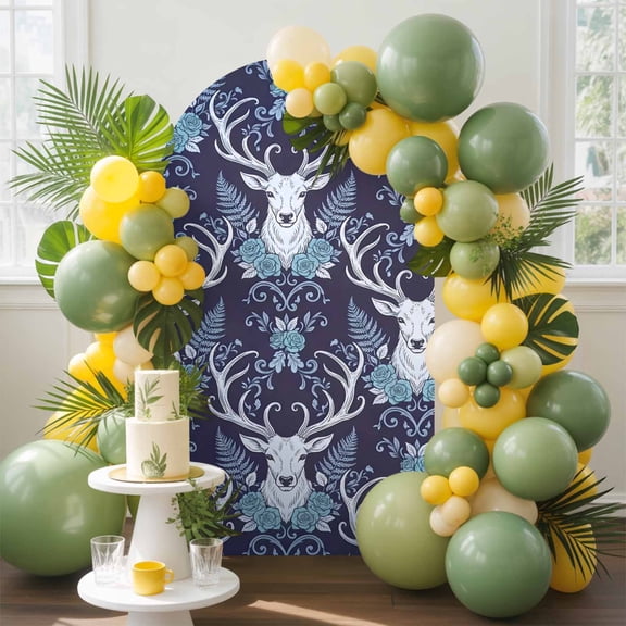 Elk Head Arch Backdrop Cover, 5FT, Animals Classical Floral Pattern Navy Blue Background Spandex Arch Covers Double-Sided Backdrop for Wedding Birthday Party Photo Background Decoration