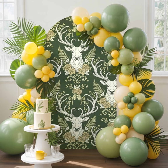 Elk Head Arch Backdrop Cover, 5FT, Animals Classical Floral Pattern Olive Green Background Spandex Arch Covers Double-Sided Backdrop for Wedding Birthday Party Photo Background Decoration