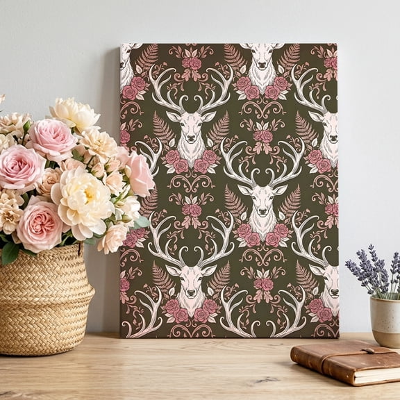 Elk Head Canvas Wall Art for Living Room, Animals Classical Pink Floral Pattern Brown Background Wall Decor Framed Artwork Pictures Ready to Hang for Bedroom Office Home Decor 20x30 Inch