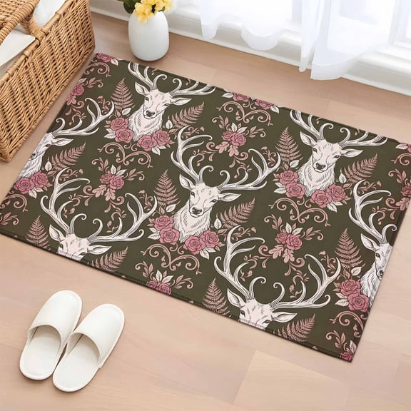 Elk Head Entryway Rug 2'x3' Animals Classical Pink Floral Pattern Brown Background Small Area Rug Non-Slip Front Door Mat Washable Floor Carpet for Indoor Entrance Kitchen Bathroom