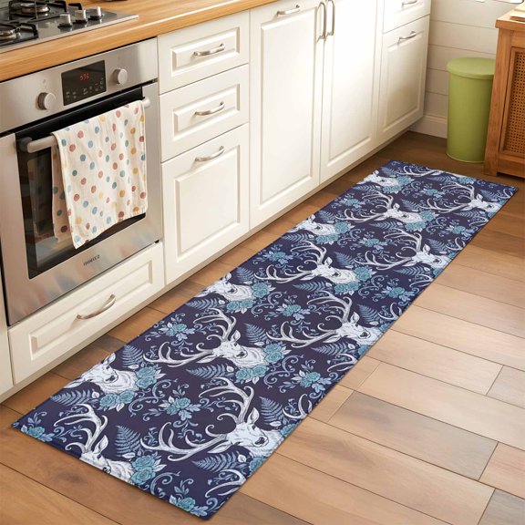 Elk Head Runner Rug Non Slip 2x6 Animals Classical Floral Pattern Navy Blue Background Washable Rug Runner for Hallways Low Pile Kitchen Rugs Stain Resist Carpet for Bathroom Bedroom Entryway