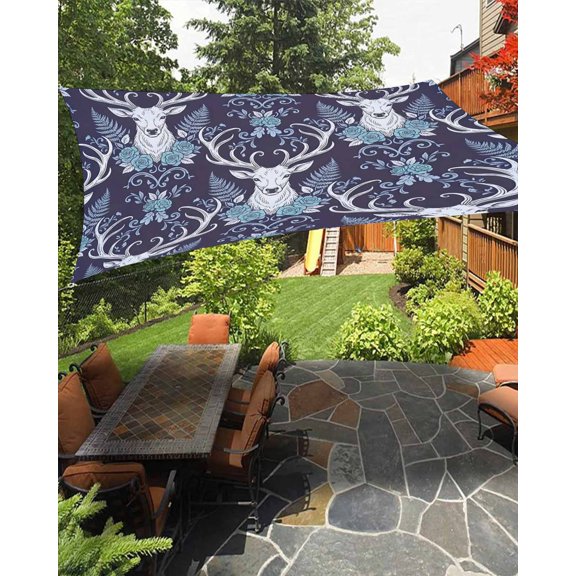 Elk Head Sun Shade Sail 12'X16' Animals Classical Floral Pattern Navy Blue Background UV Block Outdoor Sail Shades Breathable Waterproof Rectangular Sunshade for Patio Garden Pool Pergola Porch