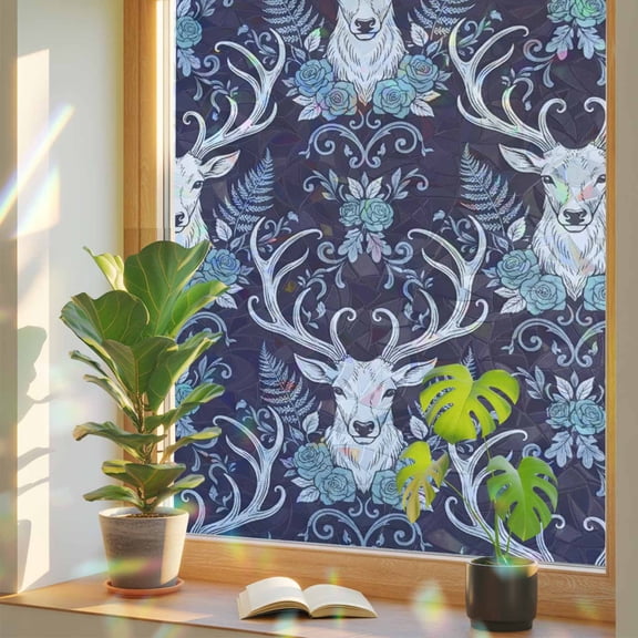 Elk Head Window Privacy Film, Animals Classical Floral Pattern Navy Blue Background Stained Glass Rainbow Film Decorative Window Clings, Static Cling Sun Blocking Stickers 17.7" x 39.3"