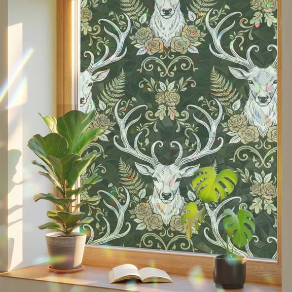 Elk Head Window Privacy Film, Animals Classical Floral Pattern Olive Green Background Stained Glass Rainbow Film Decorative Window Clings, Static Cling Sun Blocking Stickers 17.7" x 39.3"