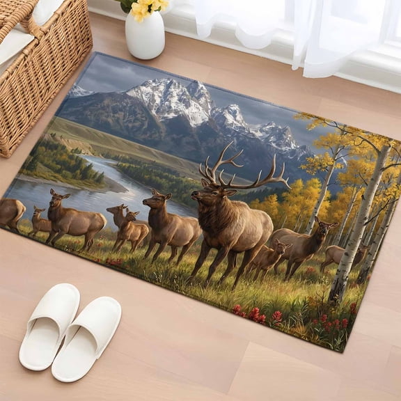 Elk Herd 2'x3' Rug for Entryway Front Door Kitchen Sink Area, Rustic Mountains Autumn Western Animal River Farmhouse Low Pile Washable Non Slip Rectangle Area Rug