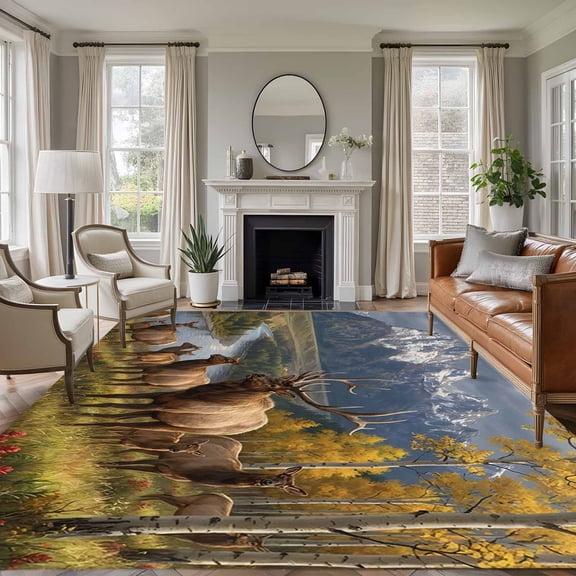 Elk Herd 6'x9' Large Area Rugs Rustic Mountains Autumn Western Animal River Farmhouse Washable Area Rugs Non-Slip Indoor Floor Mats Large Carpet for Living Room Bedroom Dining Room