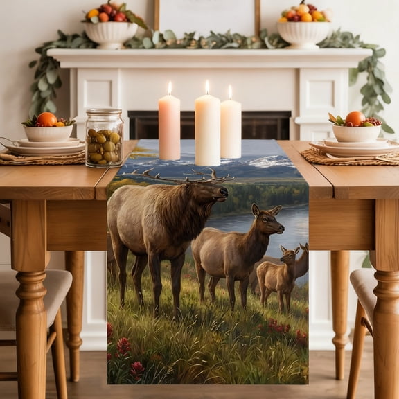 Elk Herd Dining Table Runner, Rustic Mountains Autumn Western Animal River Farmhouse Washable Table Runners Kitchen Coffee Table Center Decor for Home Party Holiday Wedding 13 x 36 Inches