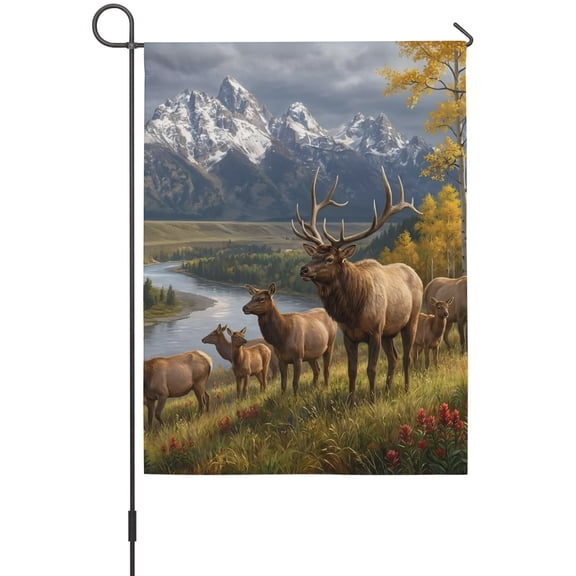 Elk Herd Garden Flag 12 x 18 Inches, Rustic Mountains Autumn Western Animal River Farmhouse Weather Proof Outdoor Patio Flags Double Sided Small Garden Decoration for Yard Outside Home