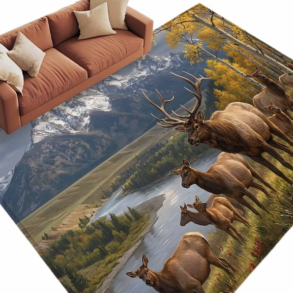 Elk Herd Washable Living Room Rugs 9'x12', Rustic Mountains Autumn Western Animal River Farmhouse Low Pile Throw Large Area Rug Non-Slip Sturdy Edge Binding Carpet for Bedroom Dining Room Office