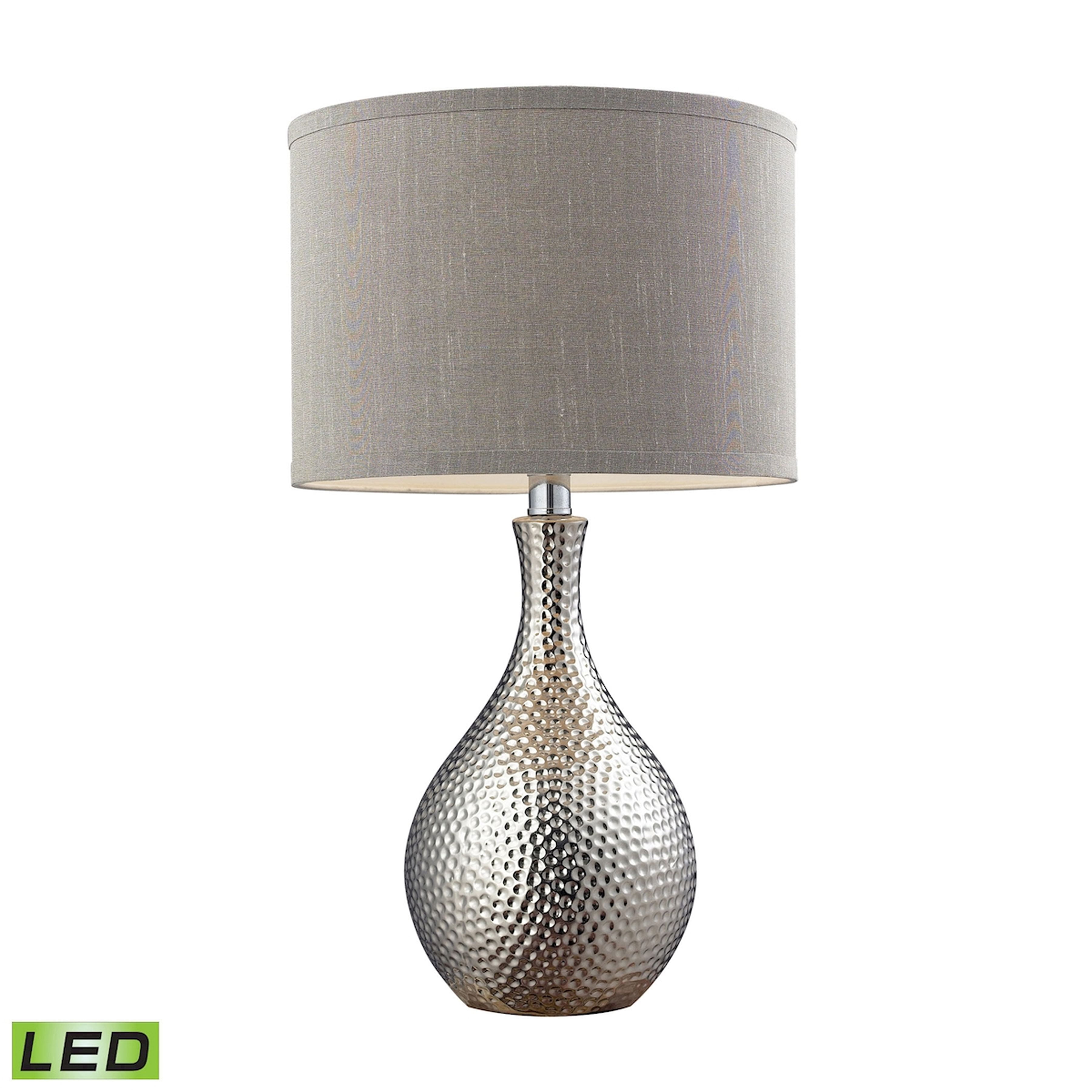 Hammered Chrome LED Table Lamp with Gray Faux Silk Shade