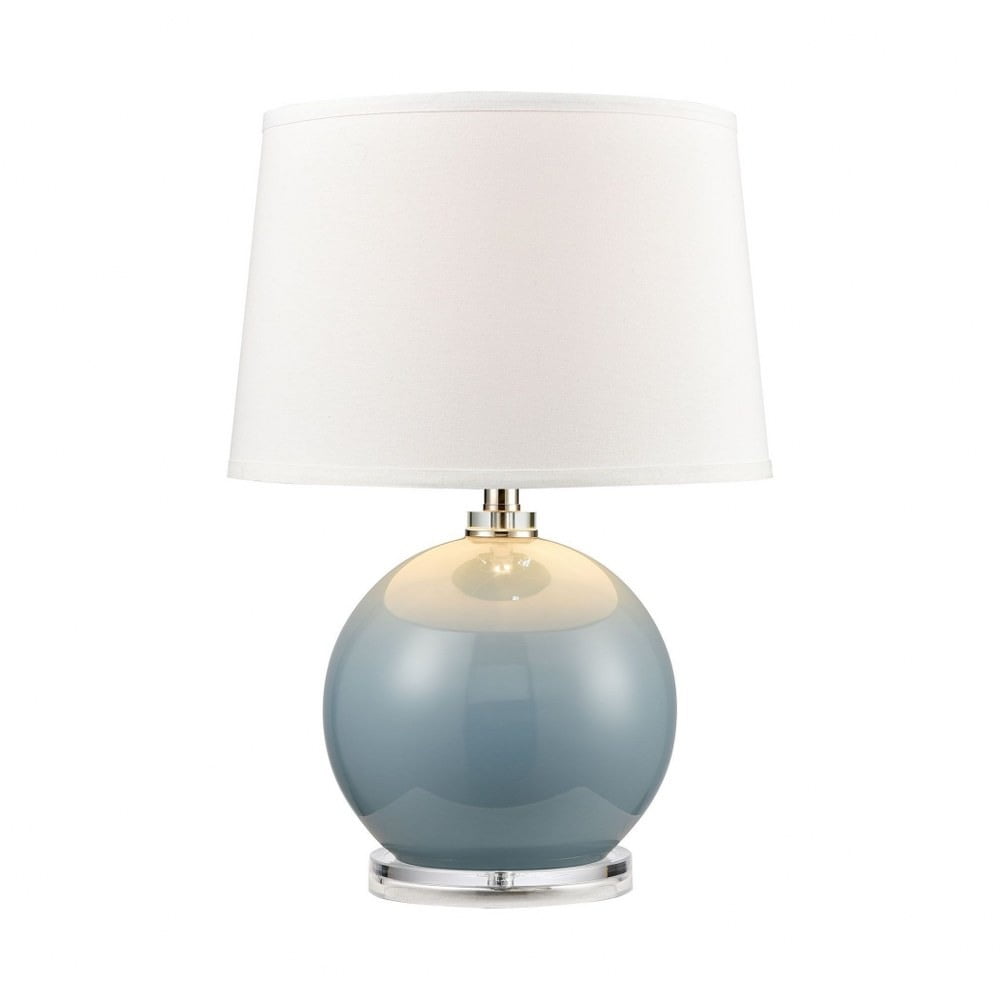 Azure Blue Glass Table Lamp with White Linen Shade