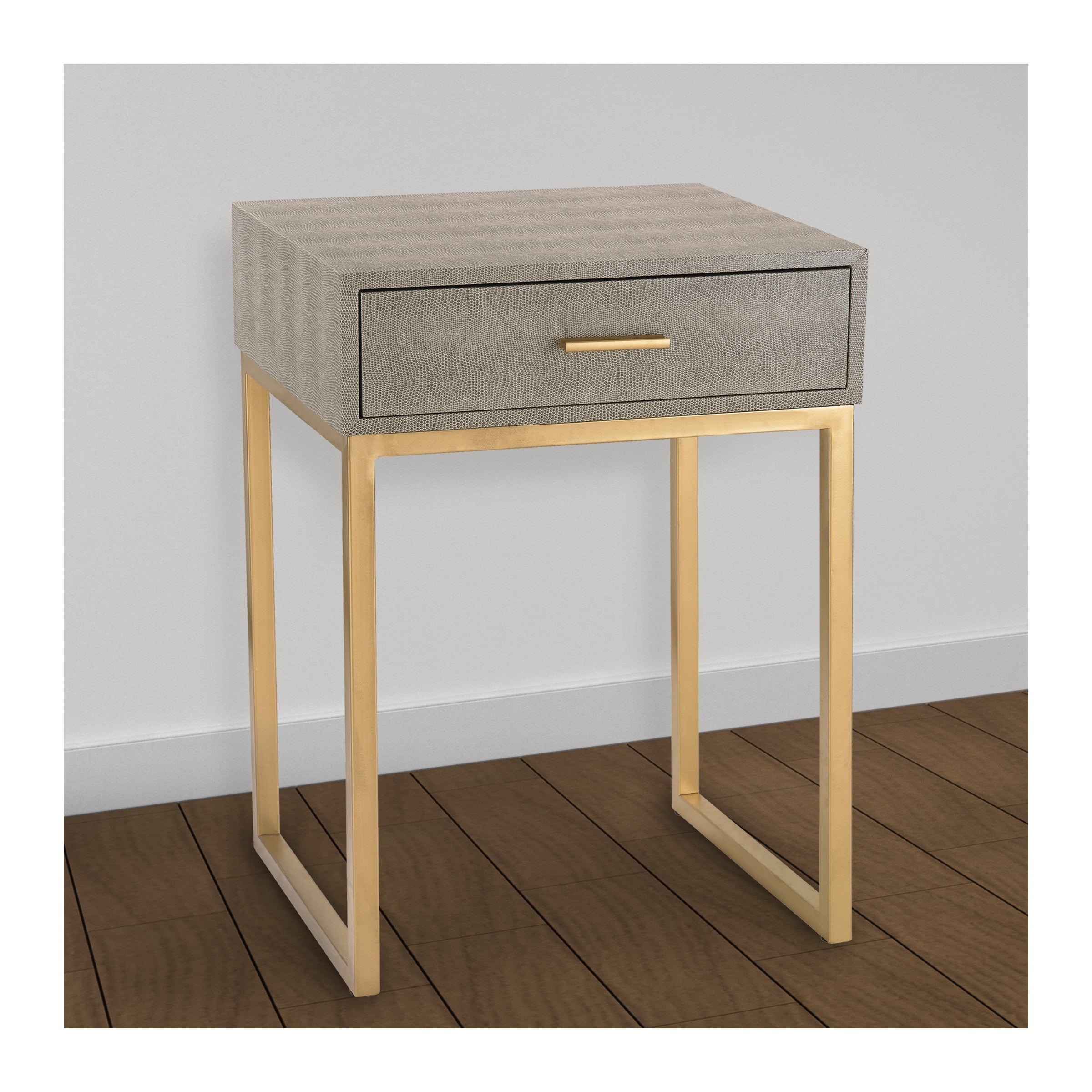 Gold Finish Faux Leather & Metal Side Table with Storage
