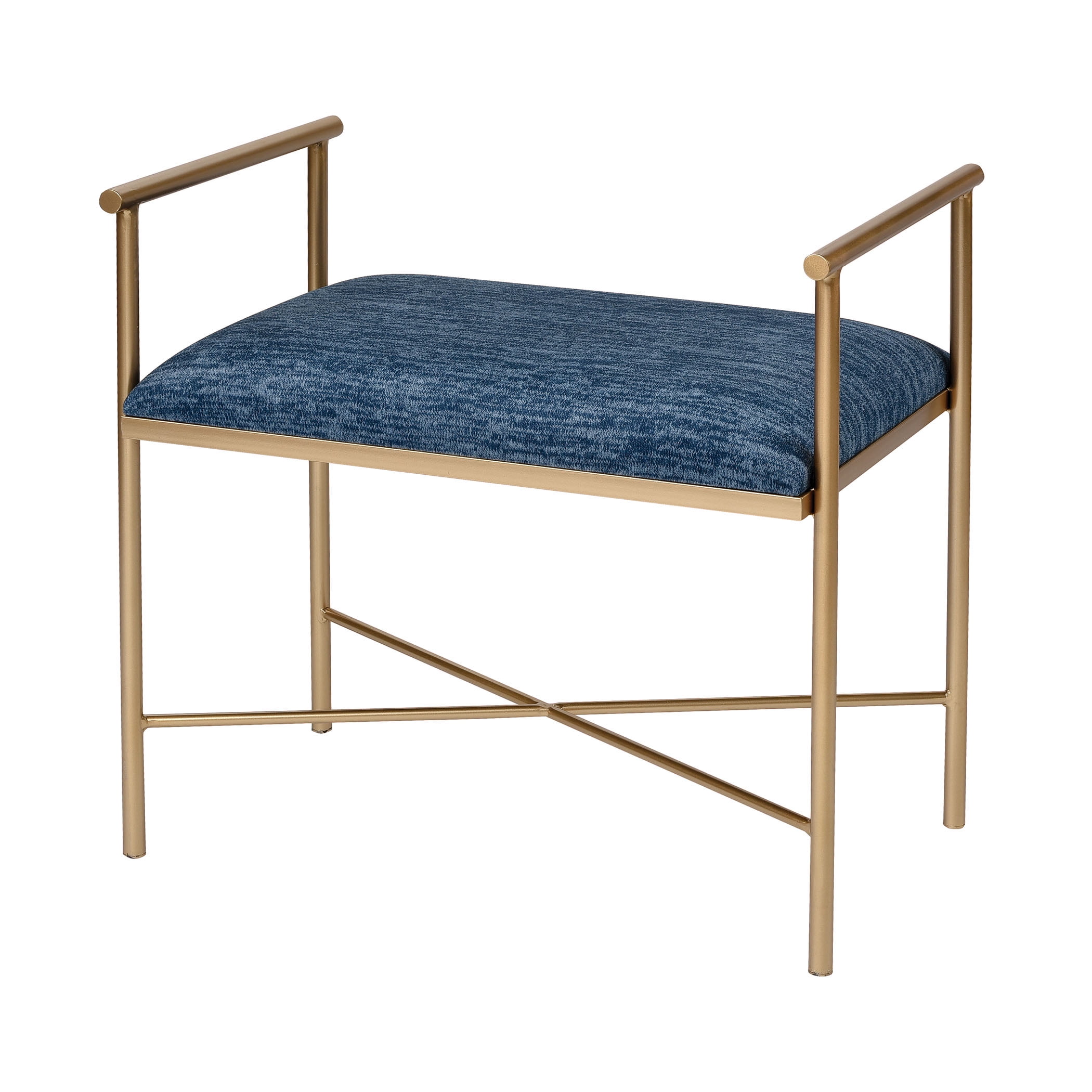 Slim Gold Metal Frame Navy Blue Chenille Ottoman Bench